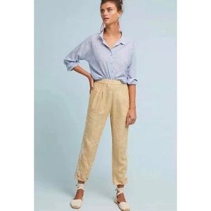 ANTHROPOLOGIE Linen Striped Floral Embroidered Pants Elastic Waist Medium